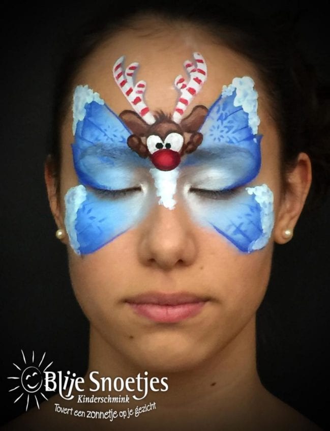 Blue Christmas Butterfly with Rudolph face painting - Step 3