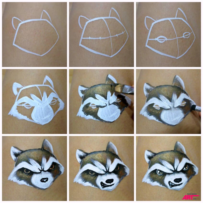 nine images showing a process of painting a racoon head