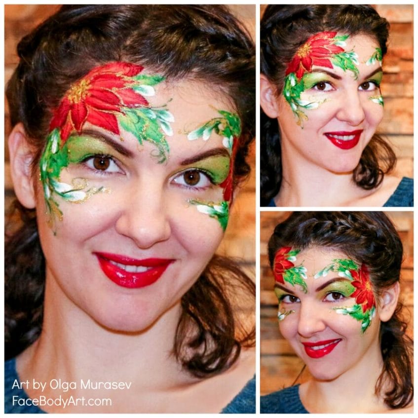 a woman wearing a christmas themed face paint design