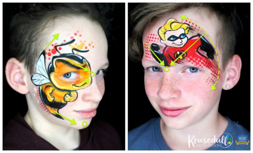 two images of a boy wearing two face paint designs. one is a bee face paint and the other is dash from the incredibles.