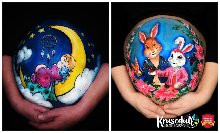 two belly paint designs - one with a baby sleeping on the moon and the other with two bunnies