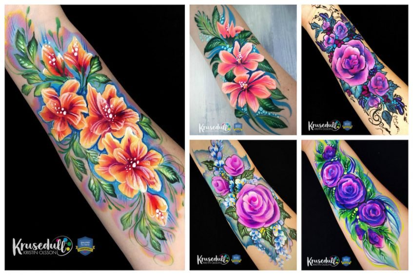 an image of 5 flower face paint designs painted on arms