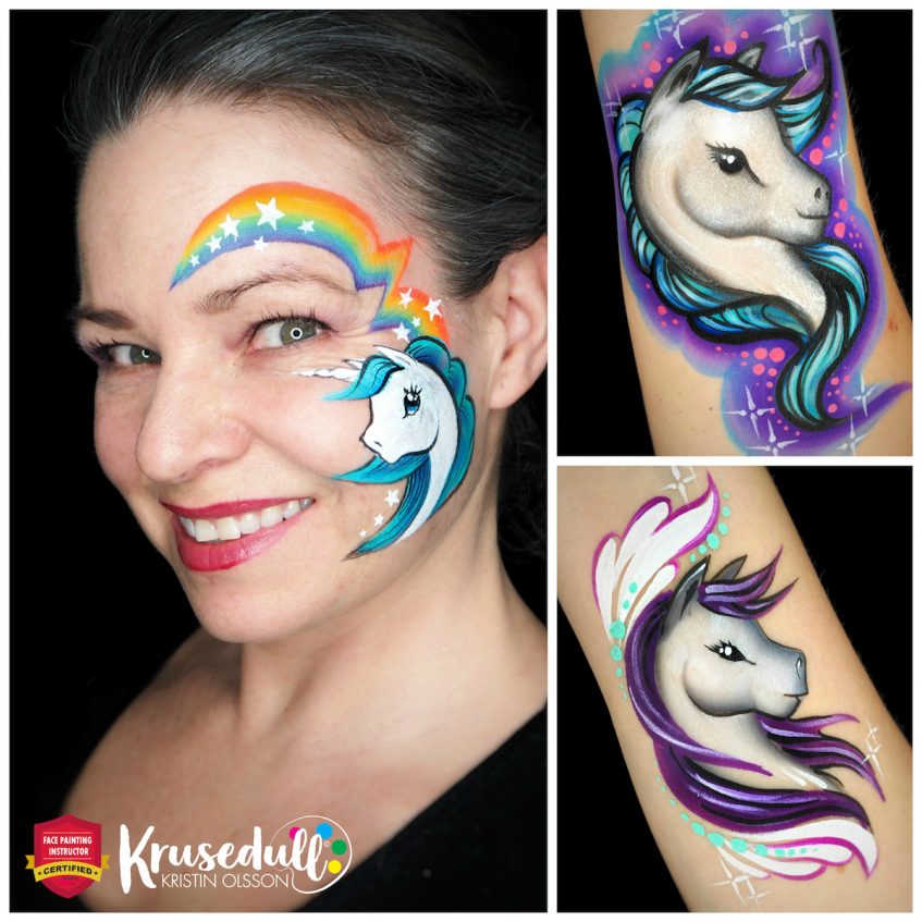 three images of unicorn face paint designs