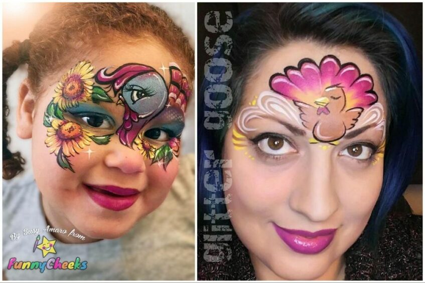 two images of two different turkey face paint designs on two girls
