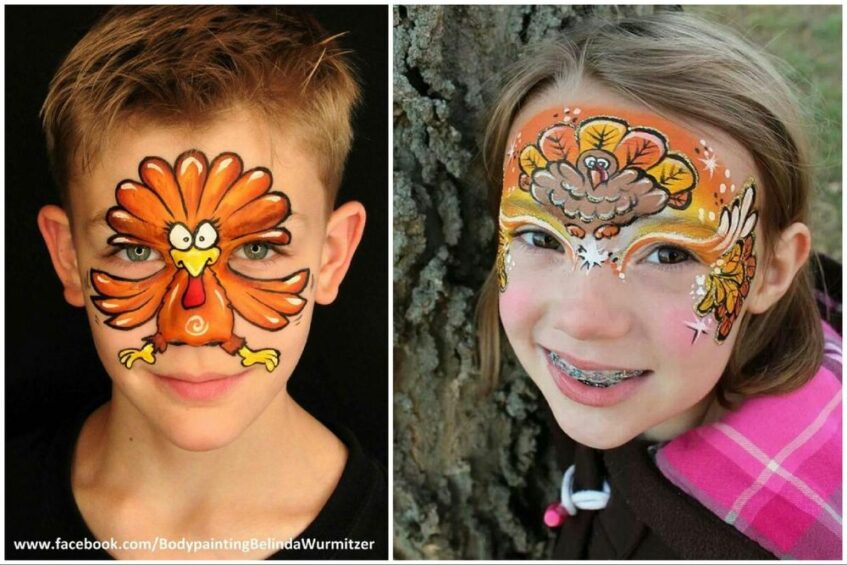 a boy and a girl with two different versions of thanksgiving turkey face paintings