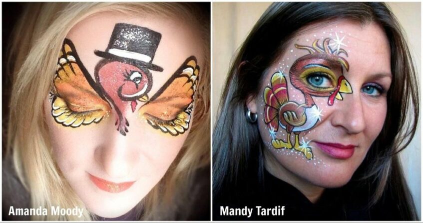 two images of two different eye turkey face paint designs on two girls
