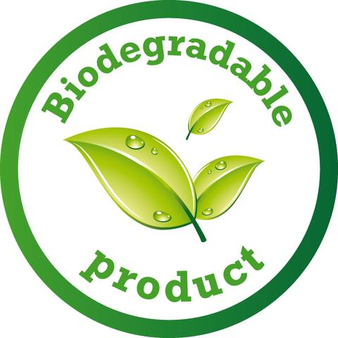 a design with three green leafs in the center and text "biodegradable product" around it