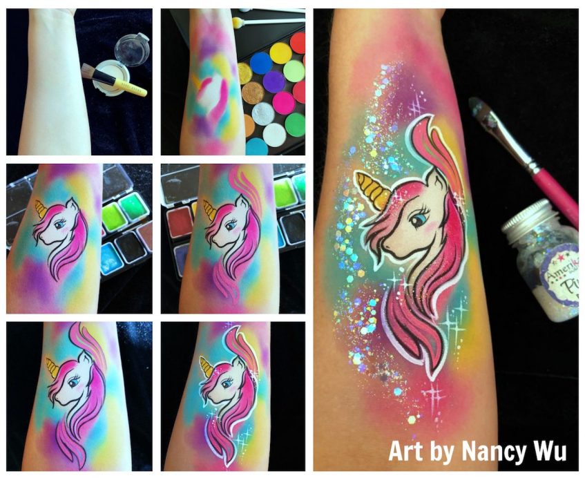 a process of drawing a unicorn design on an arm. art was done by nancy wu