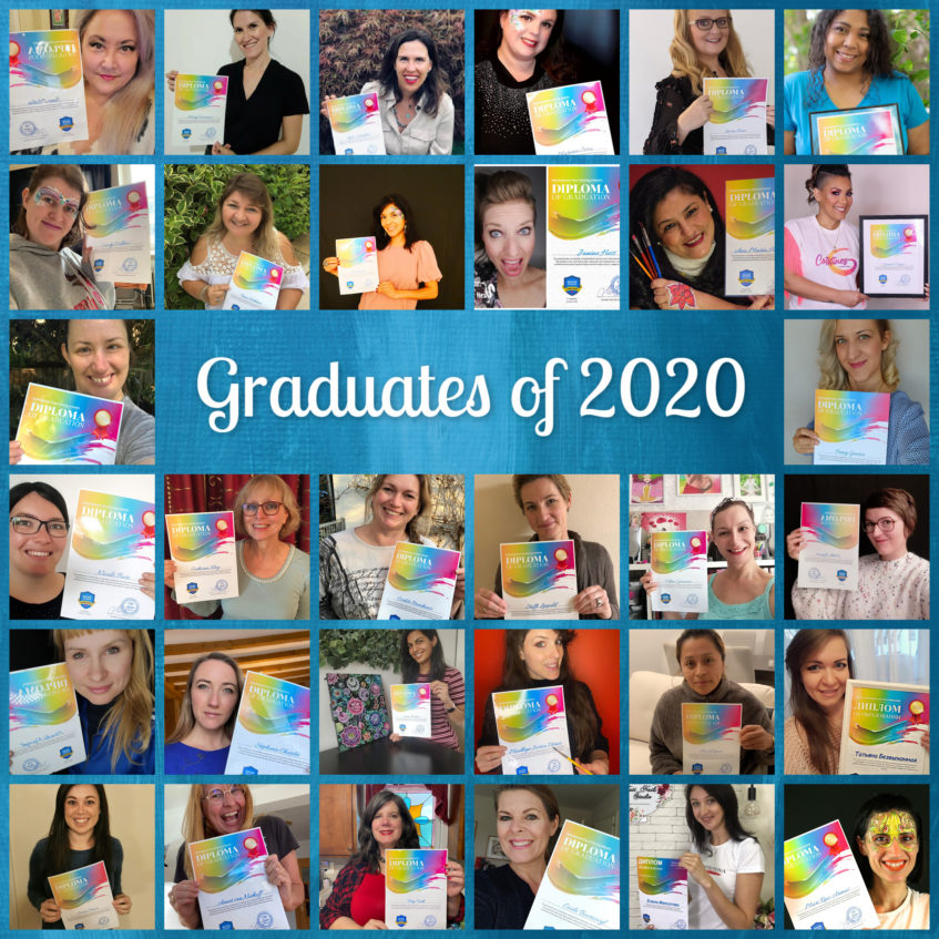 a big collage of international face painting school graduates of 2020