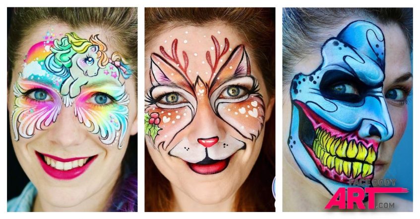 three images of elodie ternois where she's wearing three different face paint designs