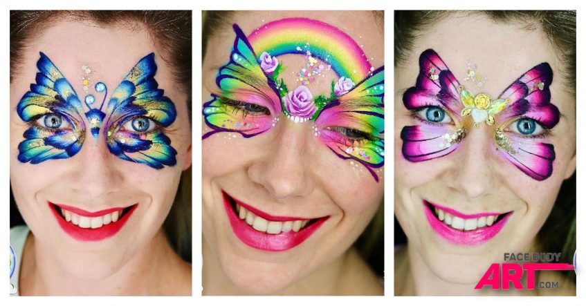 three images of elodie ternois wearing three different butterfly face paintings