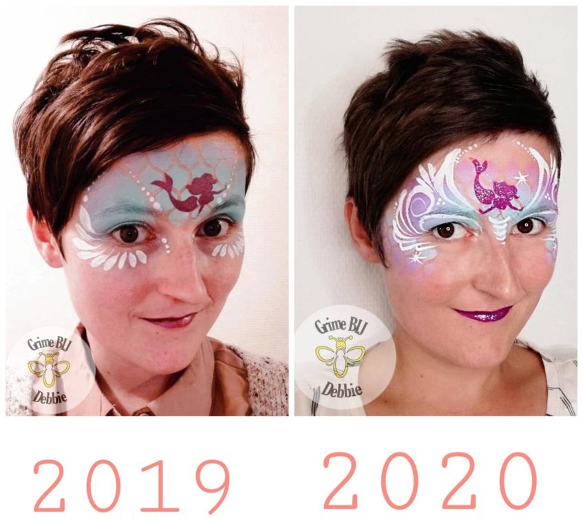 a before and after image showcasing the progress of one of our face painting school graduates