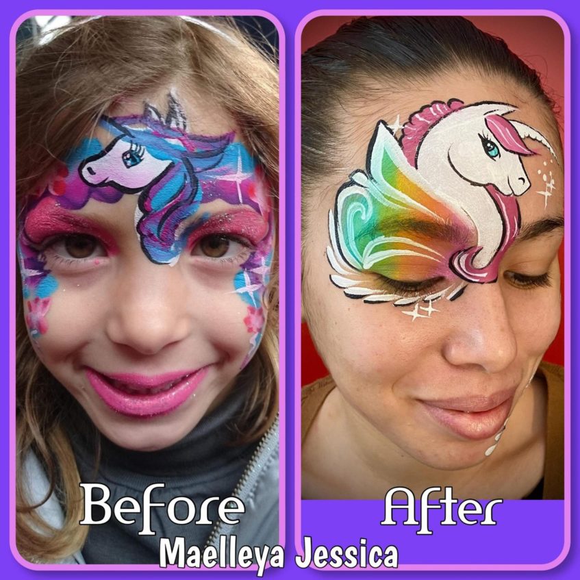 a before and after image of Maelleya Jessica's face painting progress of unicorn face paints