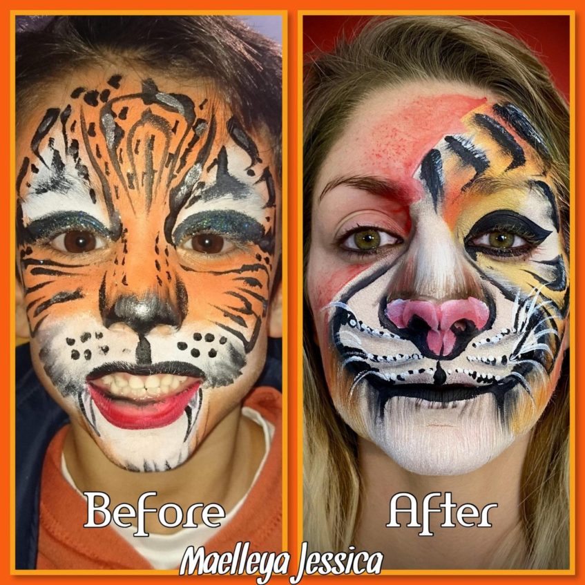 a before and after image of Maelleya Jessica's face painting progress of tiger face paints