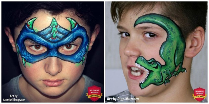 image of two boys wearing different dinosaur face paint designs