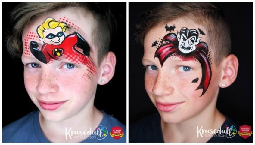 two images - one is a boy with dash from incredibles painted on his forehead and the other is a boy with dracula face painted above his left eye