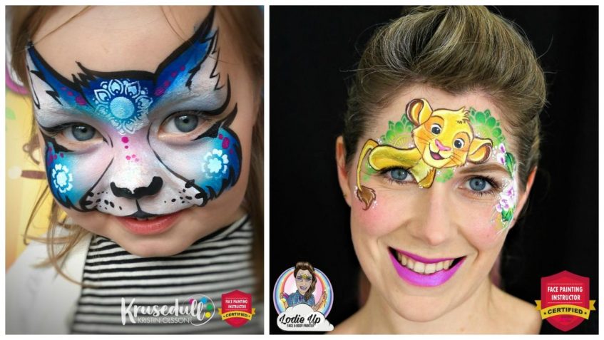 an image of a girl with a blue cat face paint design and a woman with a face paint of simba from lion king