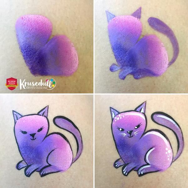 four images of a step-by-step painting of a gradient purple cat
