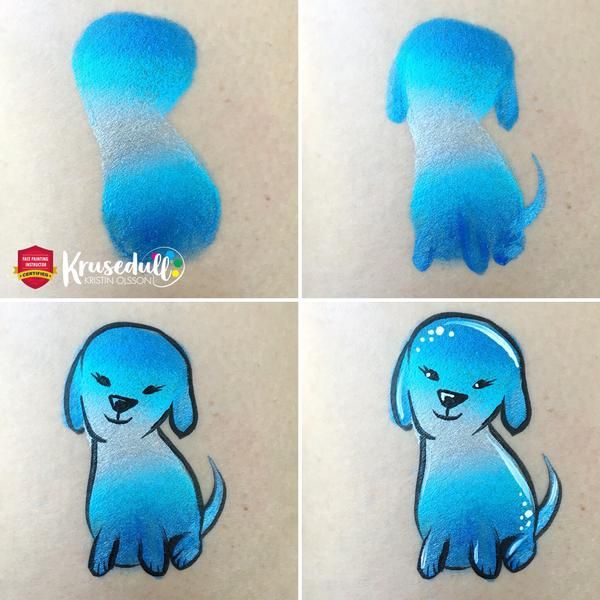 four images of a step-by-step painting of a gradient blue dog