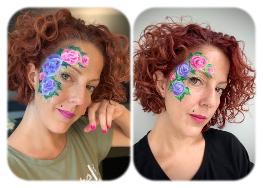 a two images of a woman with a blue and pink roses face paint design on her