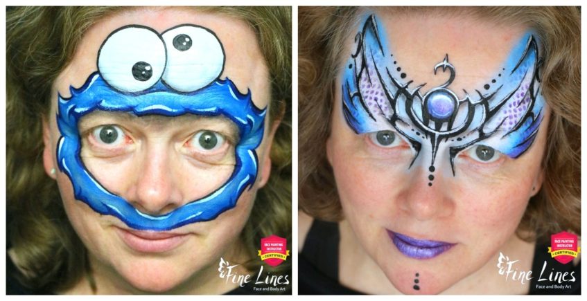 two images - one with a face paint of the cookie monster and the other with a face paint of an angelic creature with wings