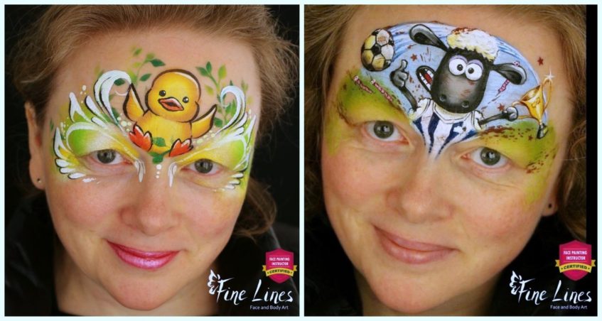 two images of Rosie Lieberman. one with a chick face paint and the other with a sheep face paint design
