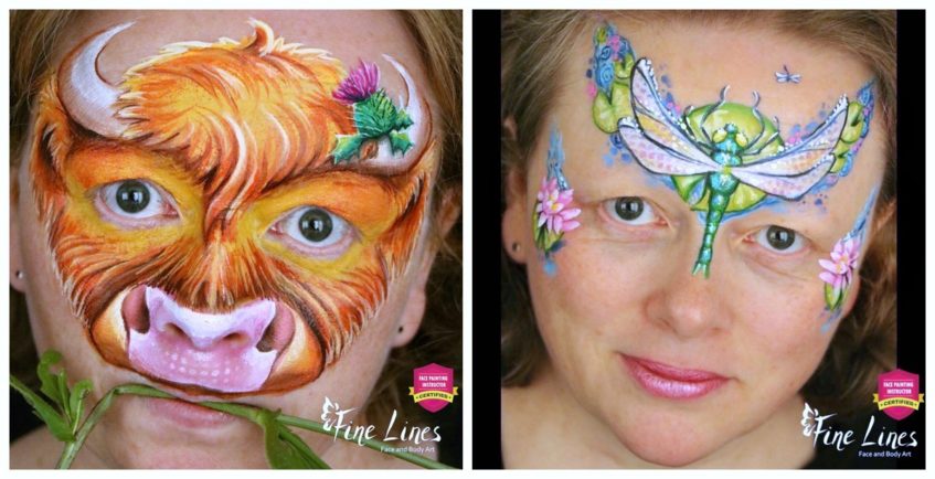 two images of Rosie Lieberman. on the first she has a cow face paint and on the other she has a firefly face paint