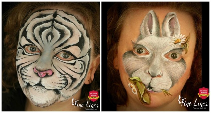 two images of Rosie Lieberman with a white tiger face paint and one with rabbit face paint design
